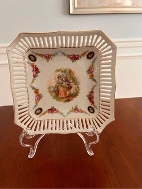 Vintage German Porcelain Square Trinket Dish - Victorian Couple Courting